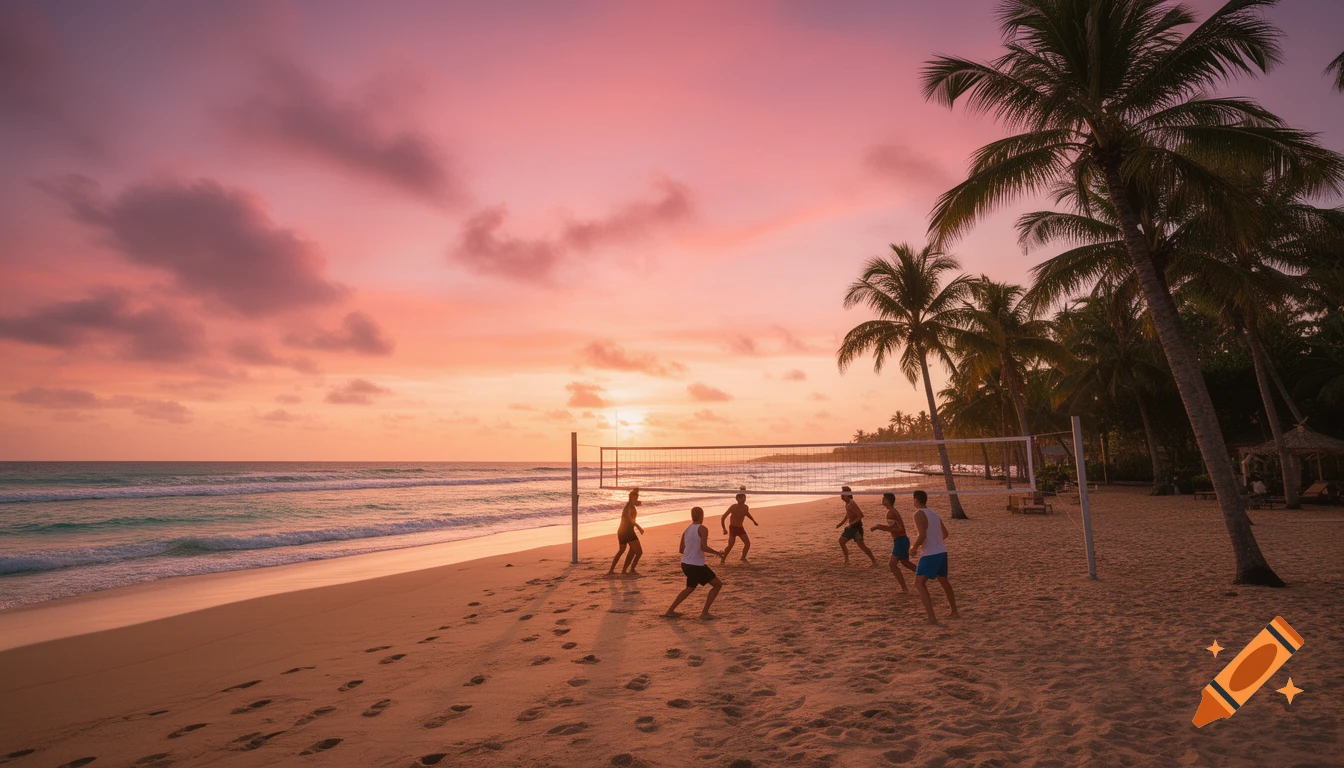 People play volleyball on a serene tropical beach at sunset, with golden sand, turquoise waves, and palm trees under a pink and orange sky.