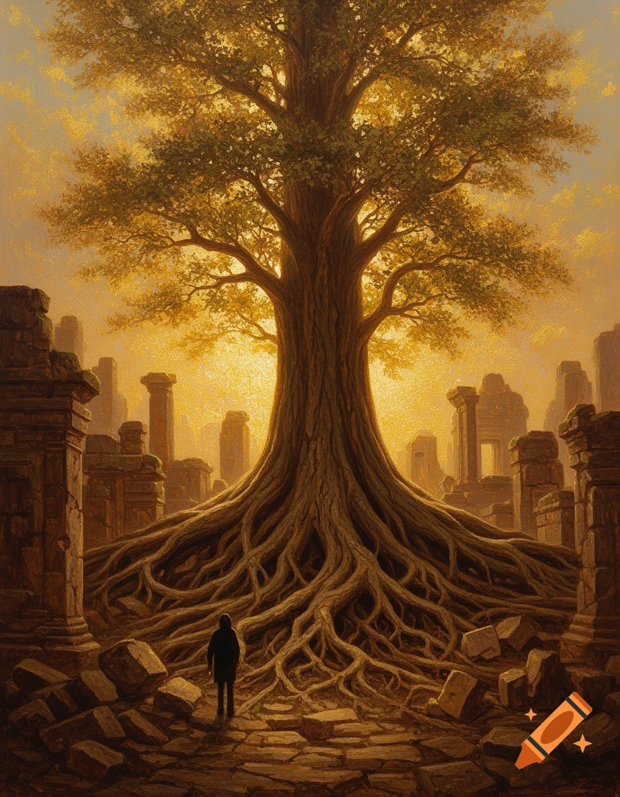 A large, ancient tree with extensive roots spreading through golden-lit stone ruins. A small figure stands admiring the tree. Oil painting style.