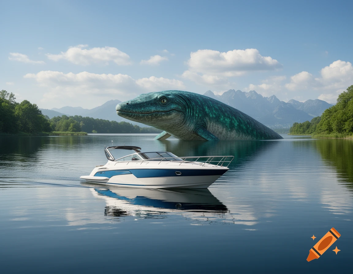 A white powerboat glides on a serene lake with a large mosasaur partially submerged in the background, set against mountains.