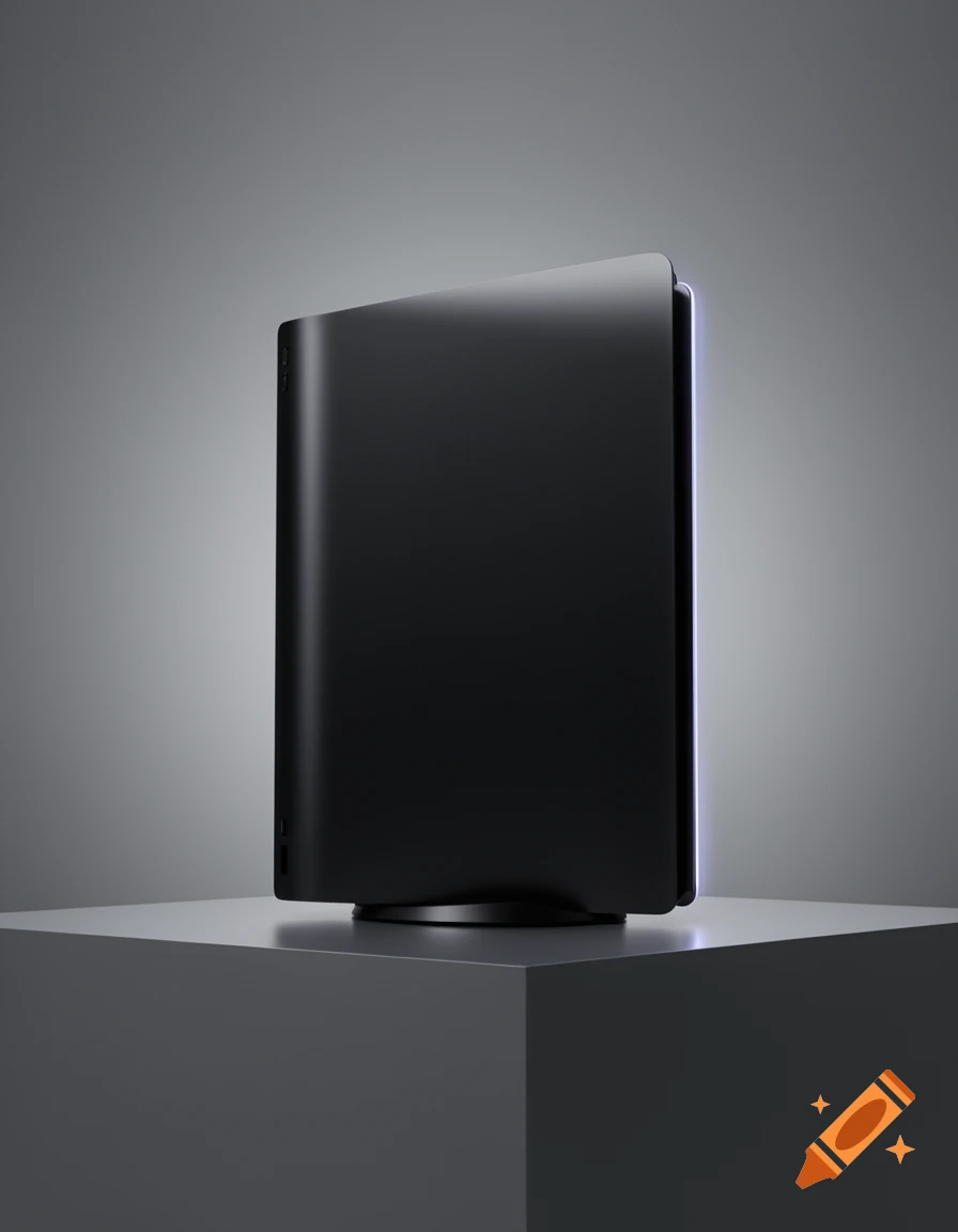 Sleek black modern gaming console with blue light accents, displayed on a grey pedestal against a gradient background.