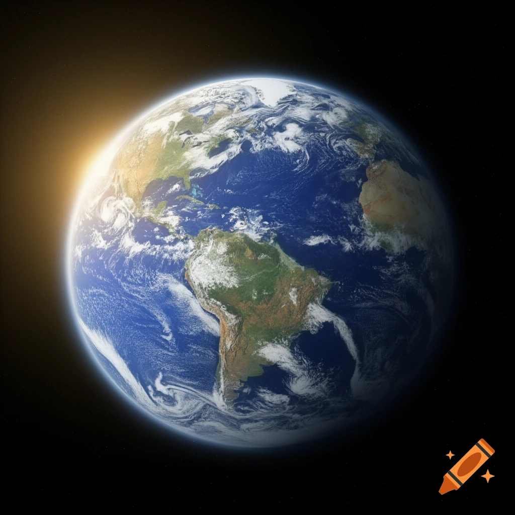 A photorealistic view of Earth from space, with the sun rising on the left horizon, illuminating North and South America.