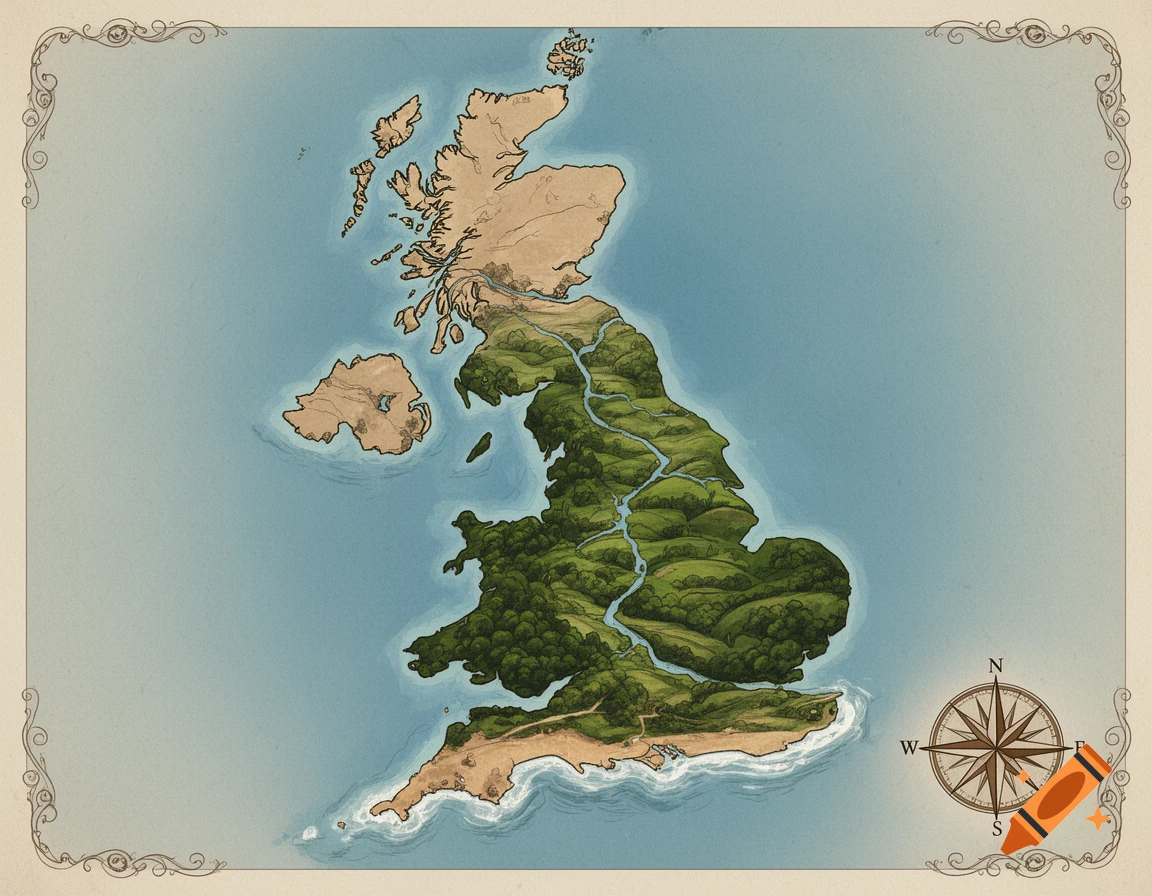 A stylized fantasy map of the United Kingdom with Ireland connected by a landmass, featuring forests, rivers, and a compass rose.