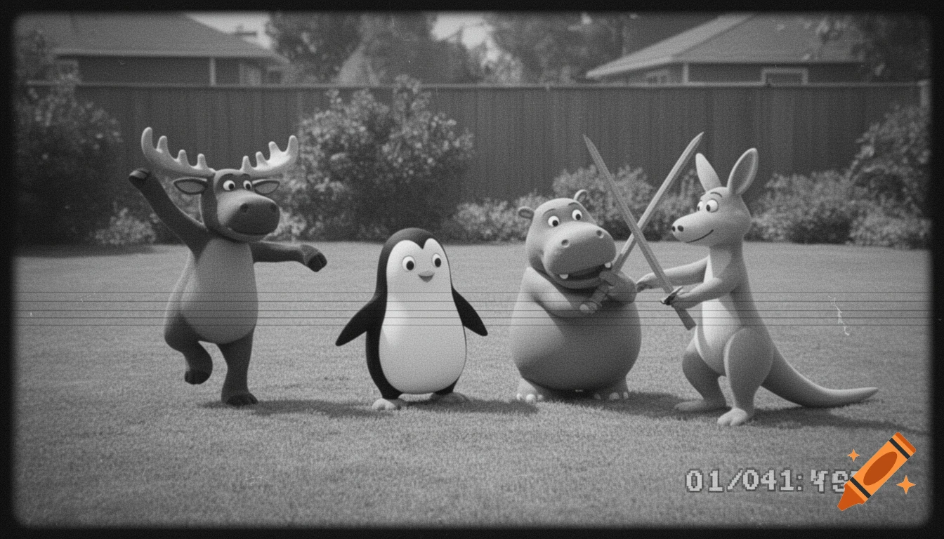Black and white CCTV footage shows four cartoon animal characters: a moose, a penguin, a hippo with a sword, and a kangaroo with a sword, on a grassy lawn.