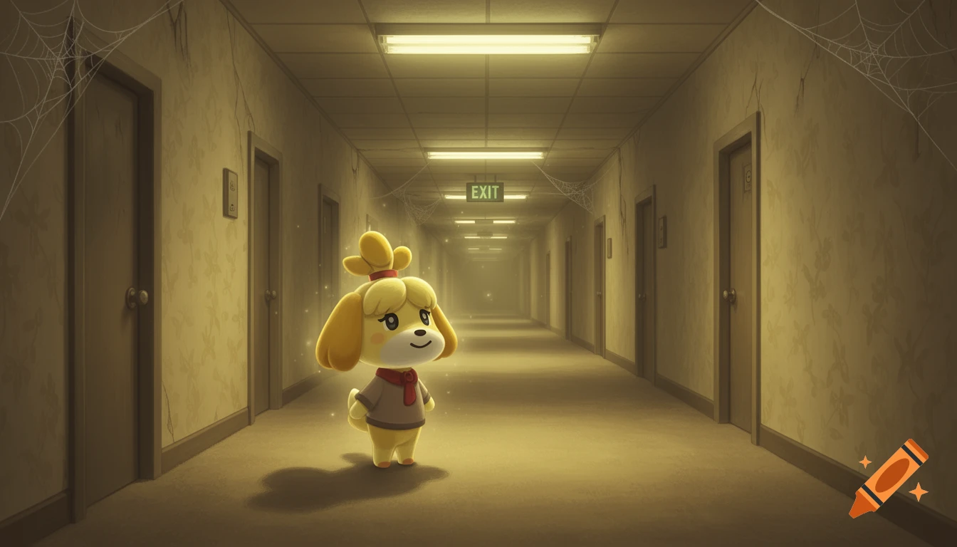 A cartoon dog character, Isabelle from Animal Crossing, stands in a long, dimly lit, dusty hallway with spiderwebs and an "EXIT" sign.