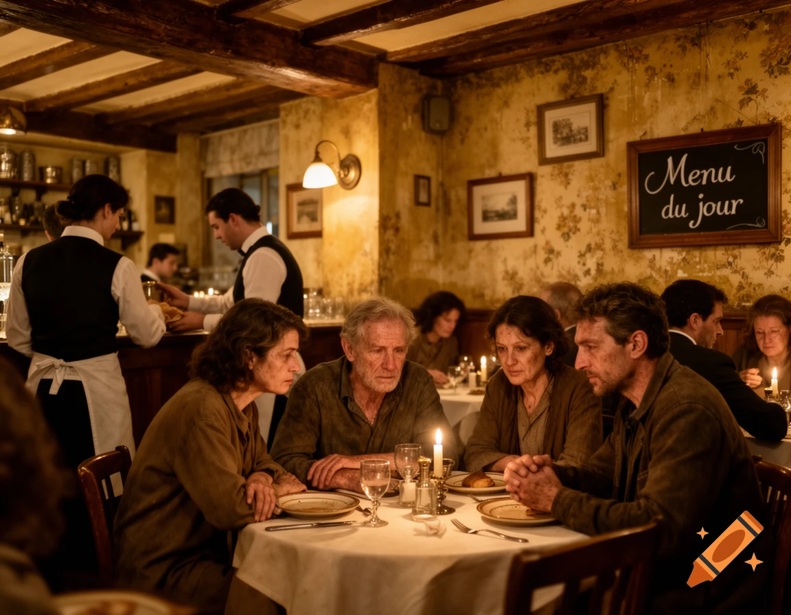Customers, seemingly poor, dining by candlelight in a rustic restaurant with waiters in the background.