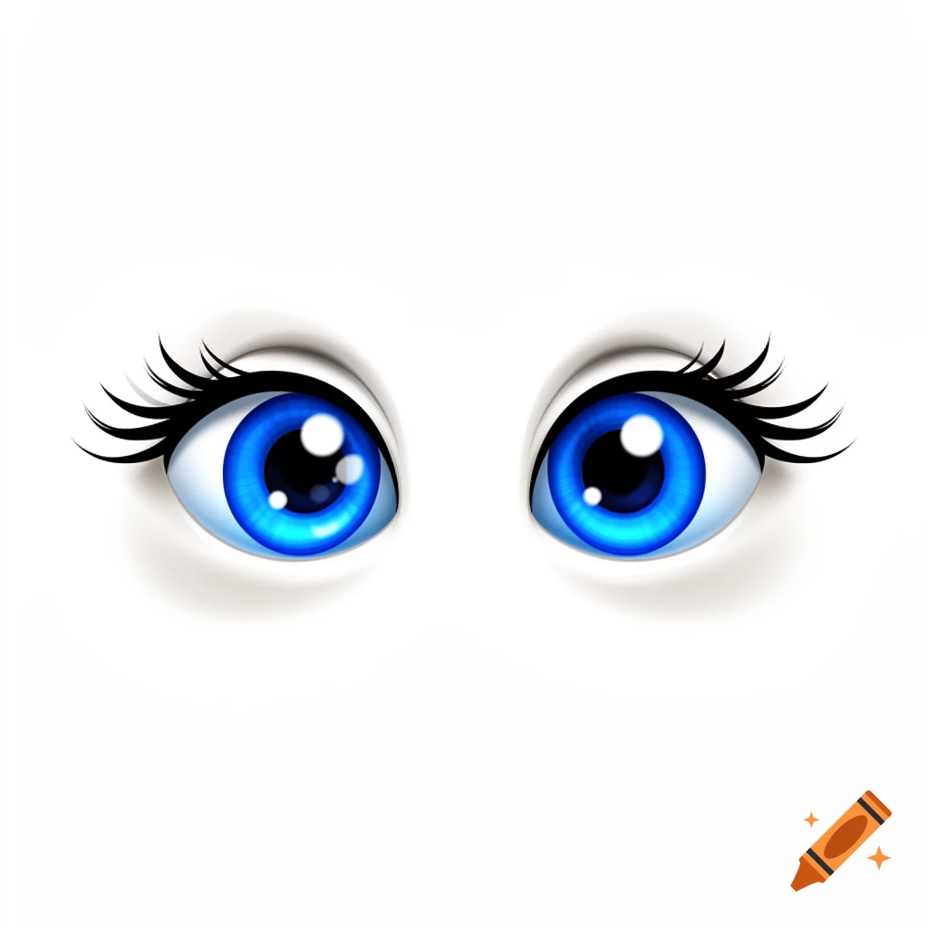 Two large, bright blue cartoon eyes with long black eyelashes on a pure white background.