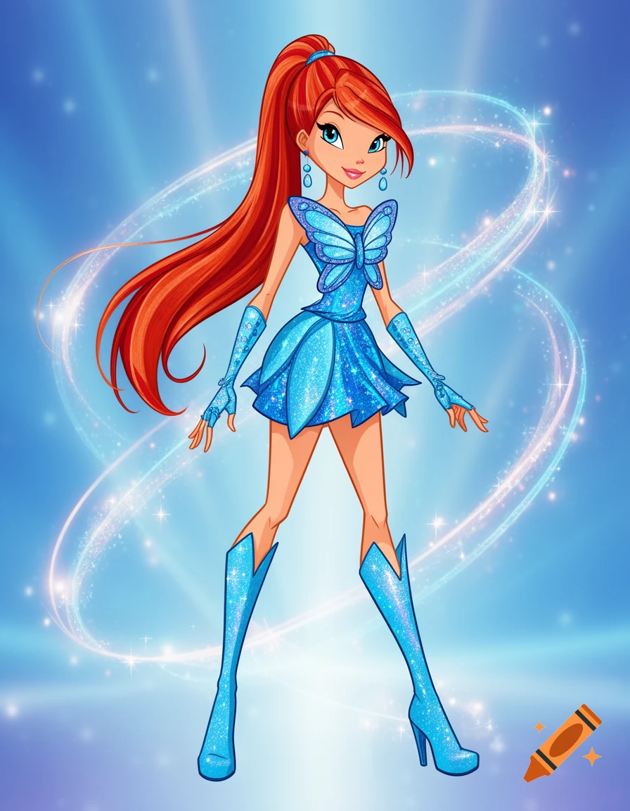 Bloom from Winx Club, a 2D animated character with red hair in a ponytail, wearing a sparkly blue butterfly outfit, boots, and gloves, standing against a swirling blue background.