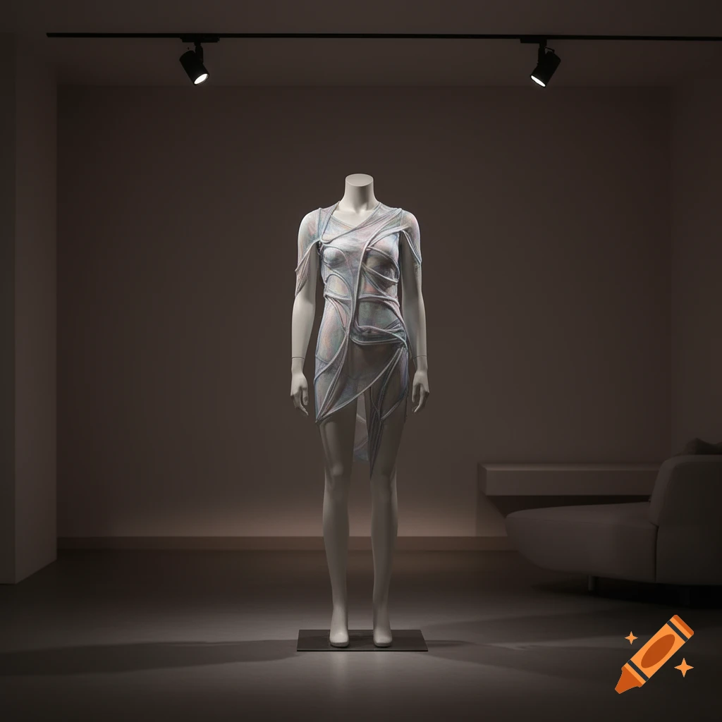 Headless mannequin displaying a unique, iridescent abstract dress in a dimly lit modern room with track lighting.