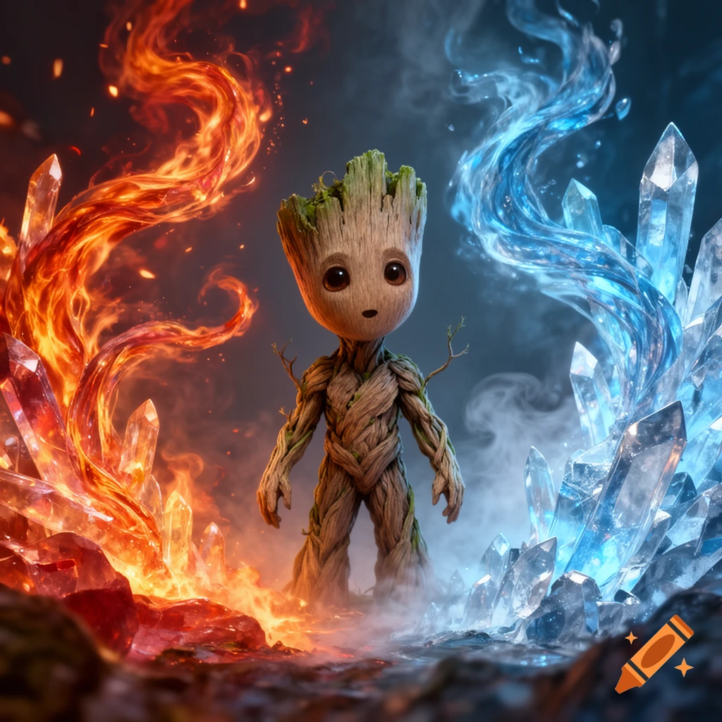 Baby Groot stands between vibrant, swirling fire and glowing blue ice crystals in a detailed, contrasting fantasy scene.