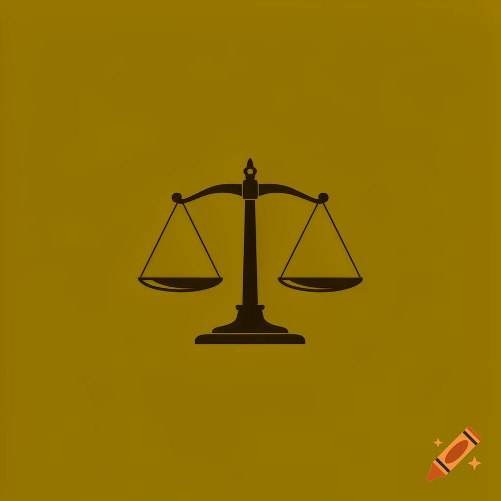A black silhouette of a balanced scale centered on a dark yellow background.