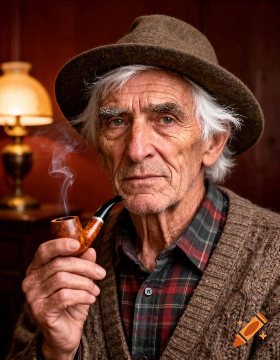 Close-up photorealistic portrait of an old man with white hair and a brown hat, smoking a pipe, against a reddish background.
