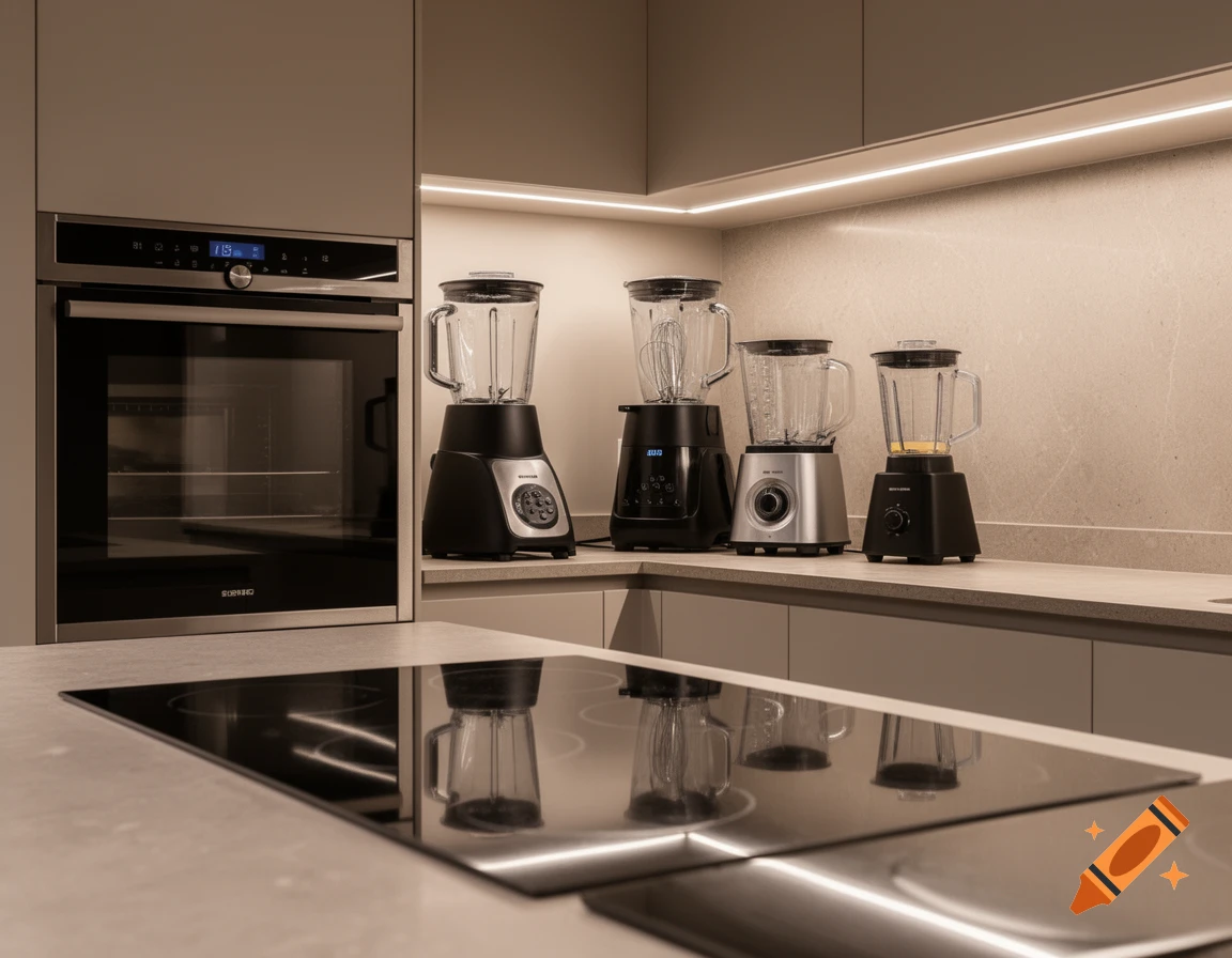 A modern kitchen features a built-in oven, black induction cooktop, and a row of blenders on a light gray countertop, illuminated by under-cabinet strip lighting.