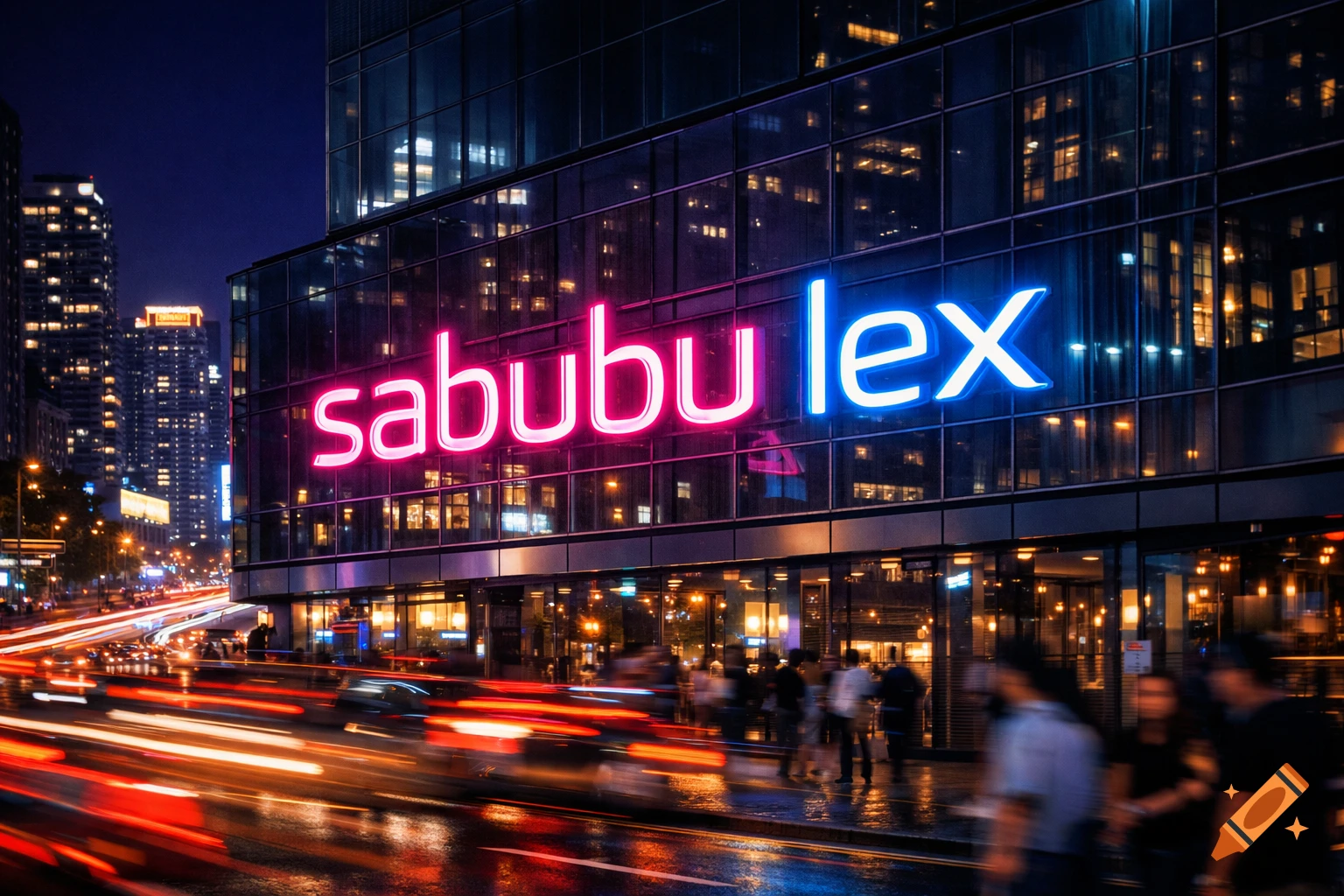 Photorealistic night cityscape with a building displaying pink and blue neon text 'sabubu lex', with blurred red and white car light trails.
