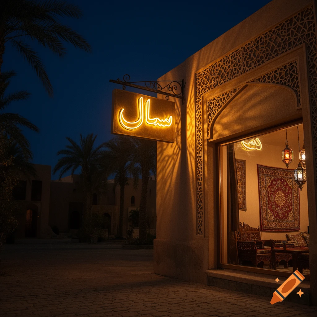 A building with an illuminated Arabic neon sign reading 'سلام' (salam) at night, with palm trees and ornate architecture.