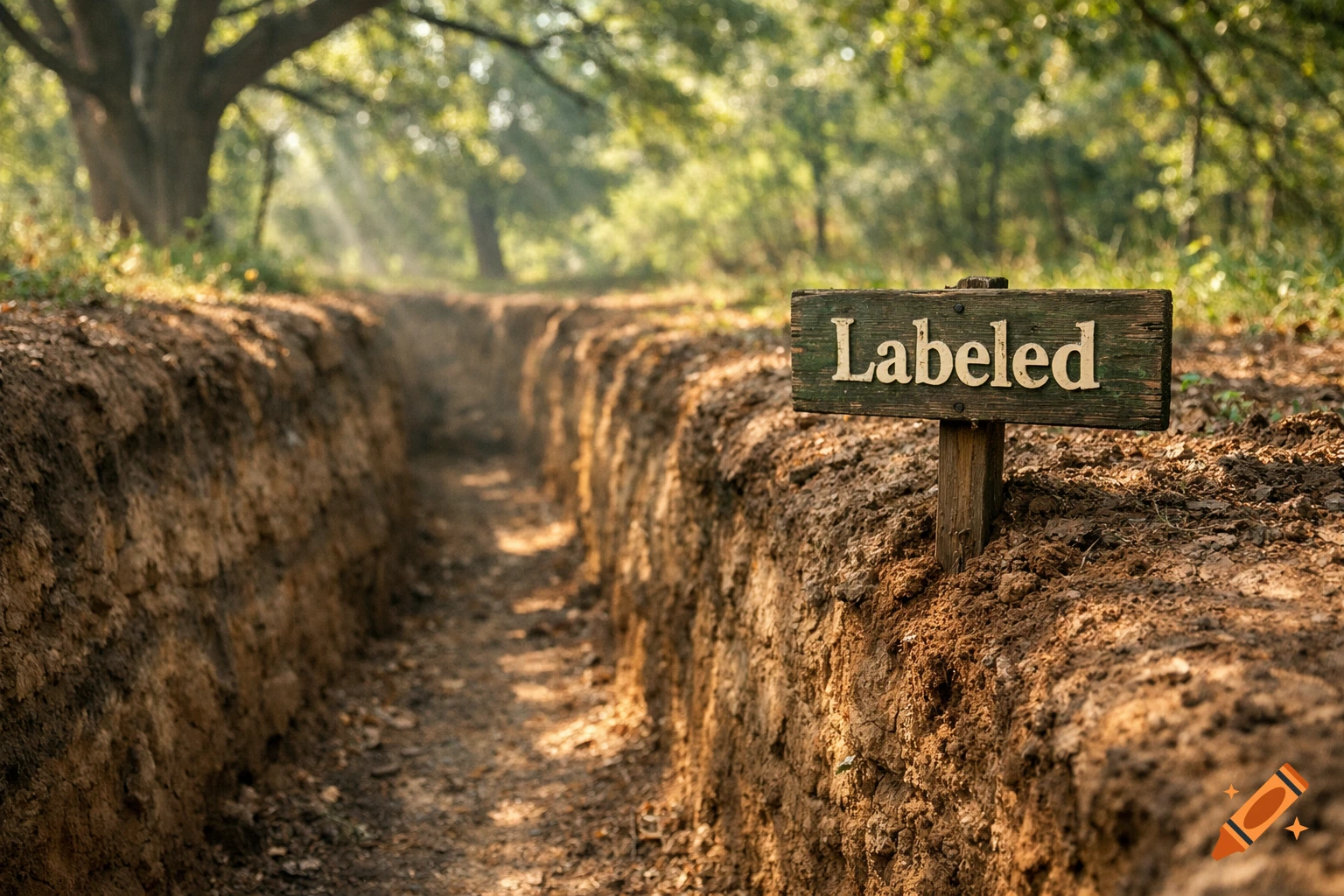 A wooden sign with the word "Labeled" on it stands next to a dug trench, extending into a sunlit forest.