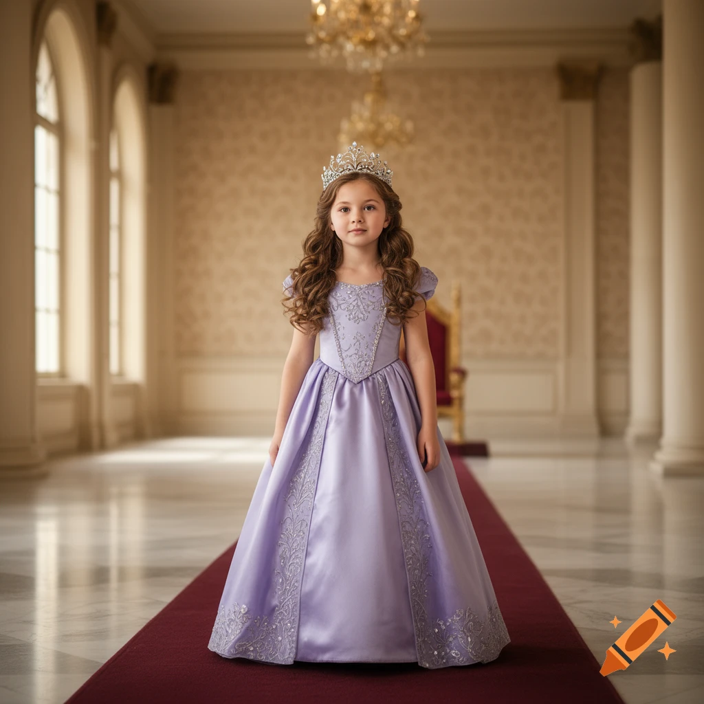 A young girl in a light purple princess gown and silver tiara stands on a red carpet in a grand palace hall, looking forward.