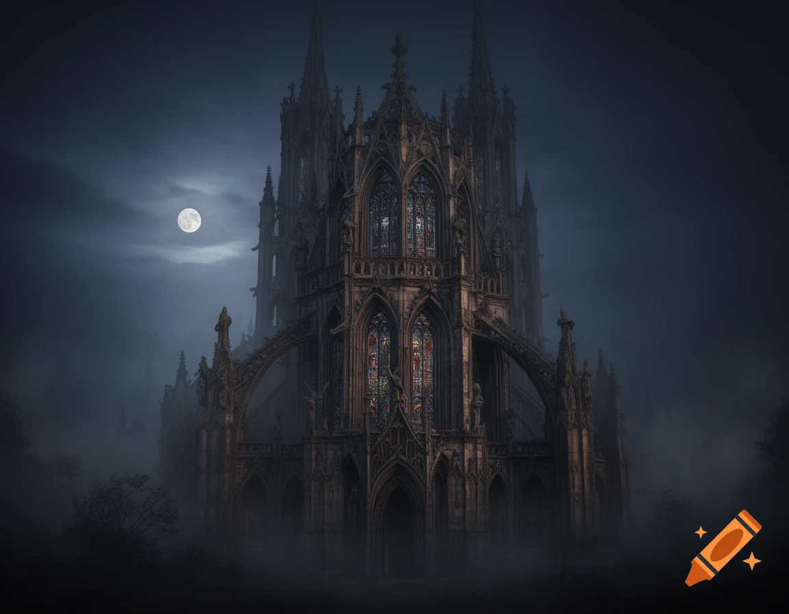 A gloomy gothic cathedral with stained glass windows shrouded in mist under a full moon at night.