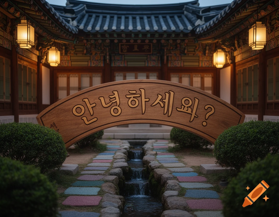 A traditional Korean courtyard with a wooden sign displaying Korean text over a stream and stepping stones, flanked by bushes and old buildings.
