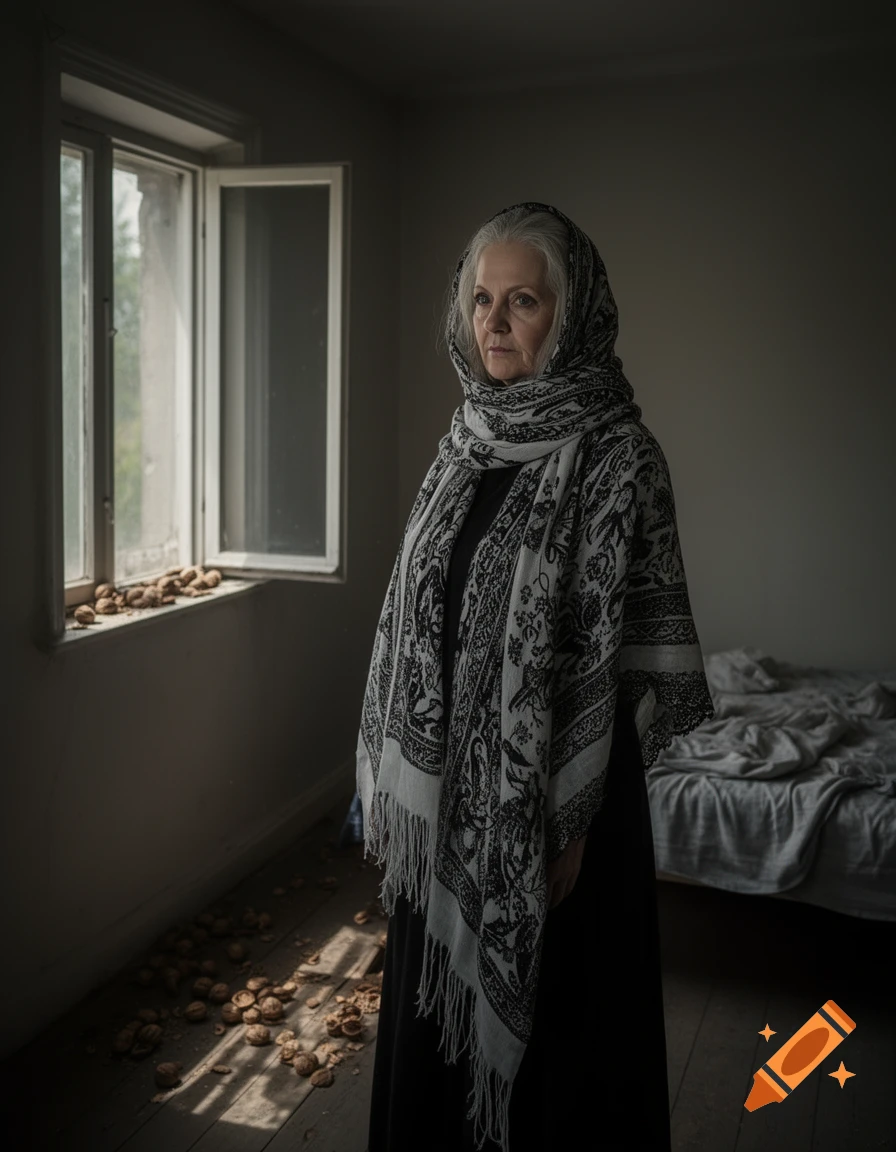 Elderly woman in a patterned shawl stands in a dimly lit room with walnuts on the floor and windowsill. An unmade bed is visible.
