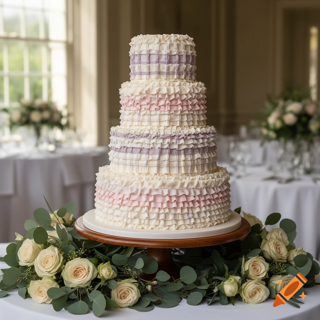 A five-tiered wedding cake decorated with alternating pink, purple, and white ruffles, surrounded by white roses and greenery.
