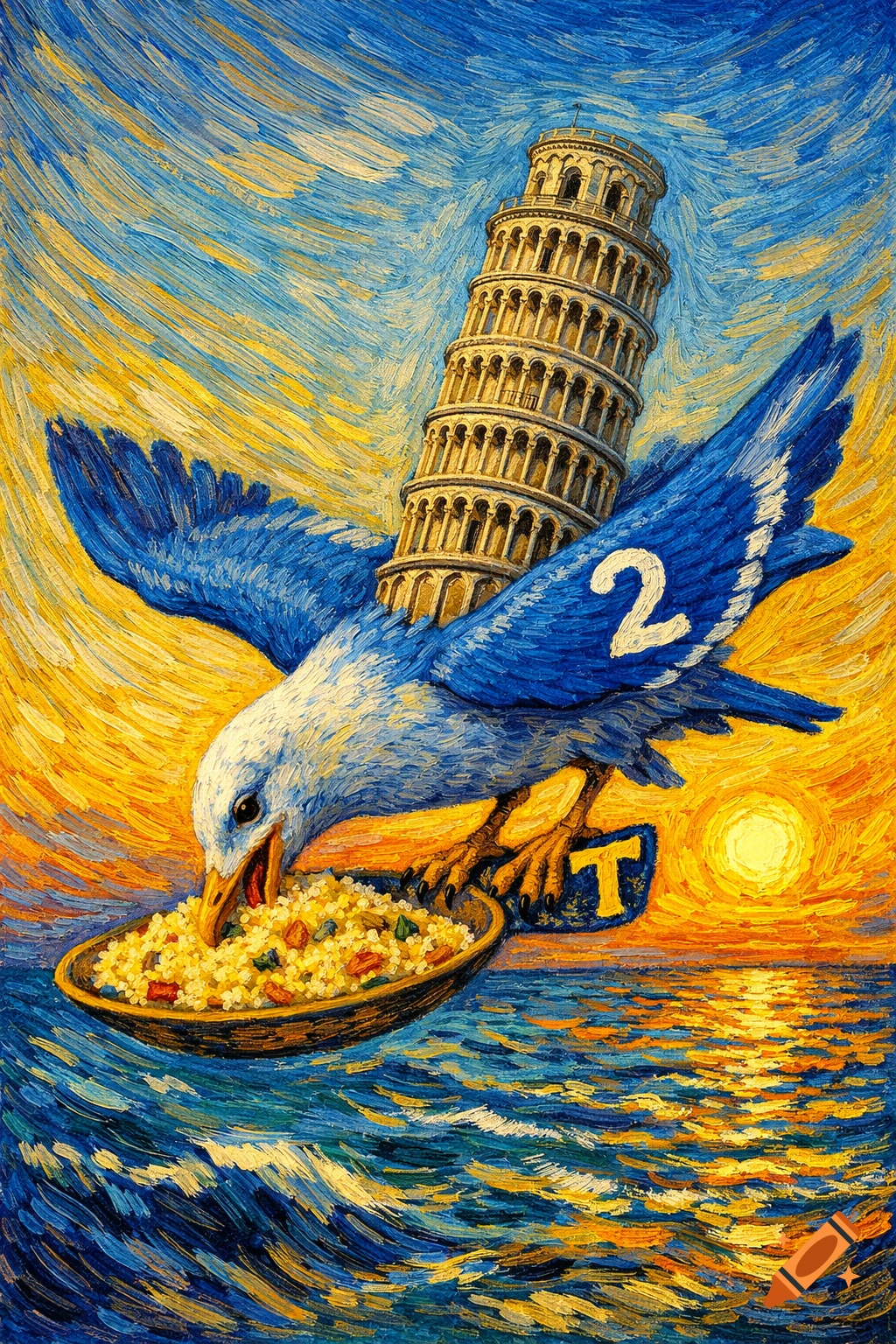 A blue seagull with "2" on its wing carries the Leaning Tower of Pisa, eating couscous over a Van Gogh style sea at sunset.