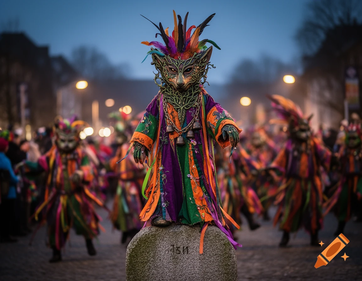 A person in a vibrant, feathered carnival costume and an ornate mask stands on a stone pedestal during a street festival at dusk, with other masked figures in the background.