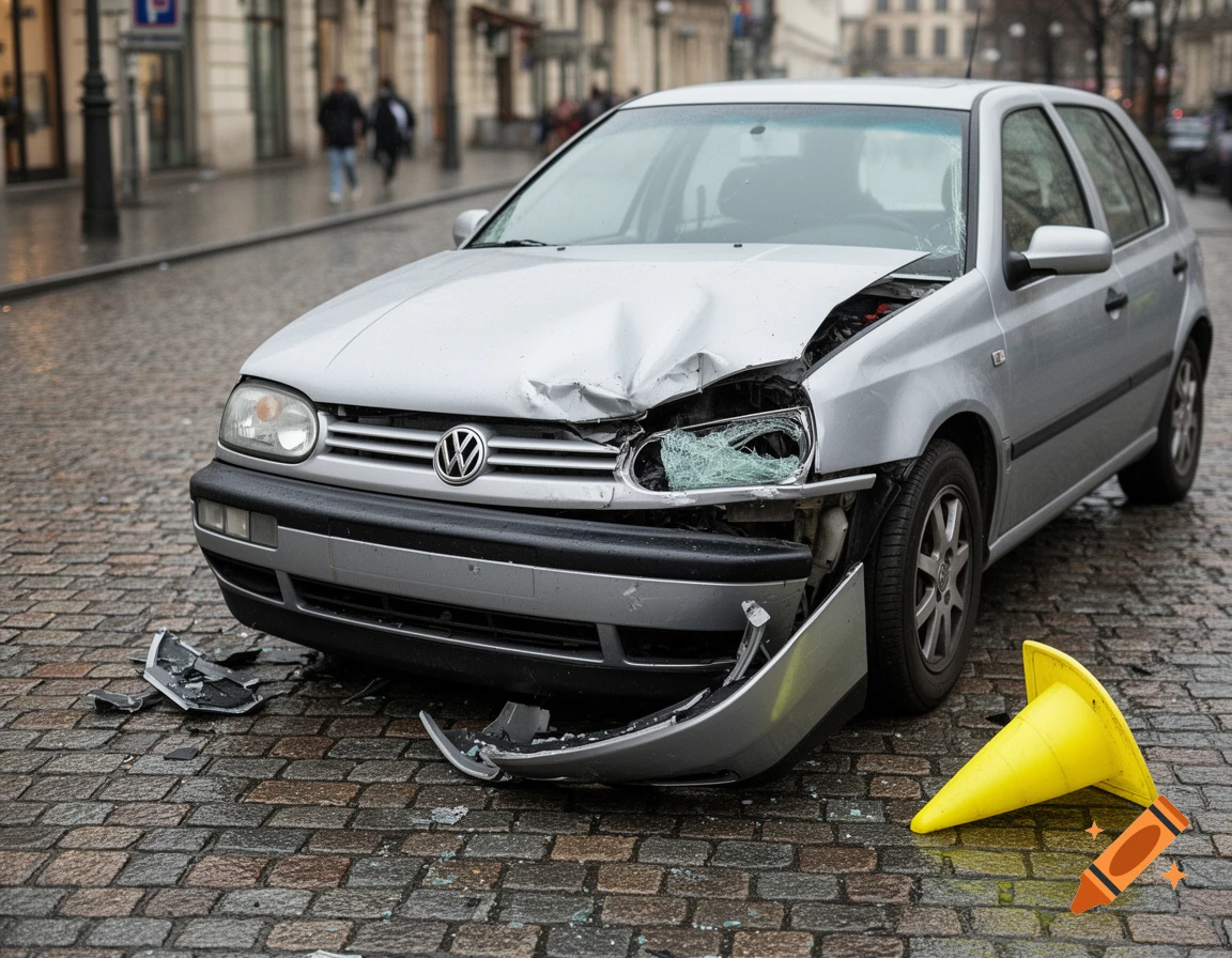 A silver Volkswagen Golf car with heavy front-end damage on a wet cobblestone city street, with broken car parts and a fallen yellow cone.