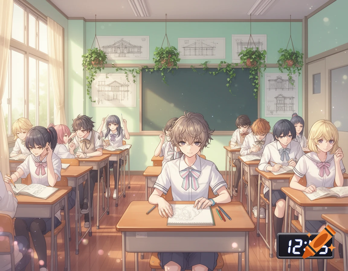 Anime-style students sit in a bright classroom, working at desks. A digital clock displays 12:45.