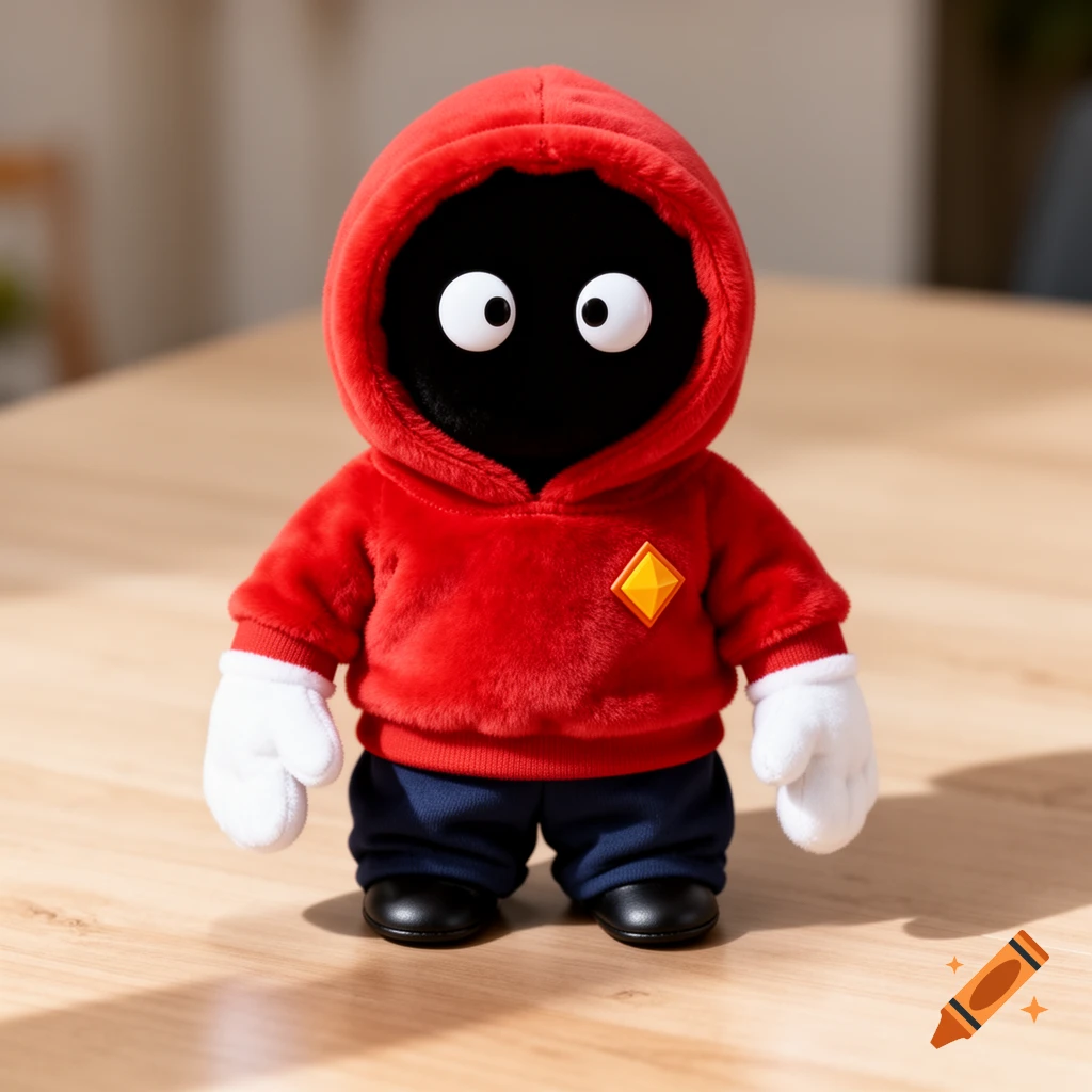 A plush character with a black face and white eyes, in a red hoodie with a diamond badge, white gloves, navy pants, and black shoes.