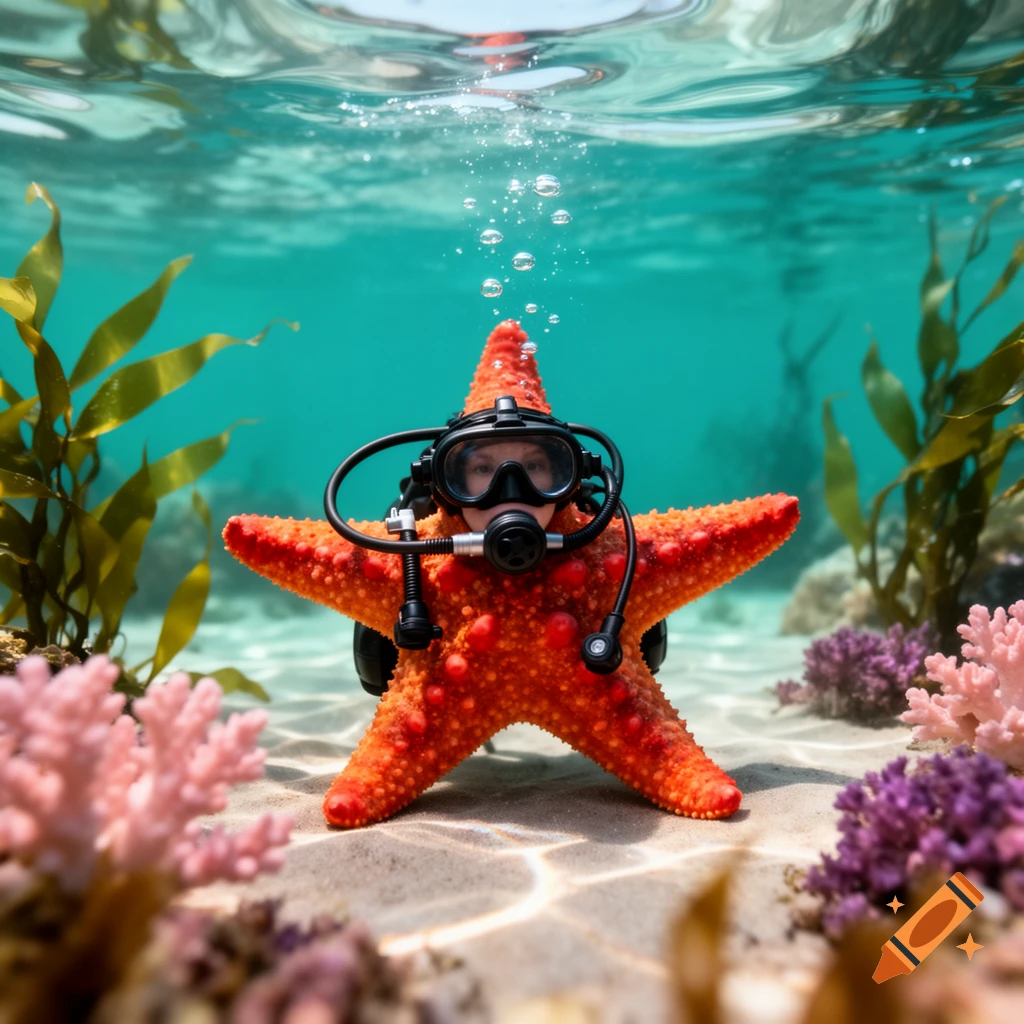 A photorealistic red starfish with a scuba mask and regulator, sitting on the sandy ocean floor surrounded by coral and seaweed, with bubbles rising.