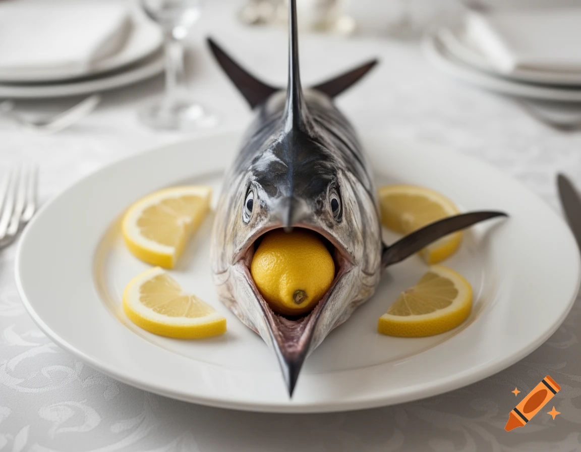 A photorealistic swordfish head with a whole lemon in its mouth and lemon slices on a white plate, served on a table.