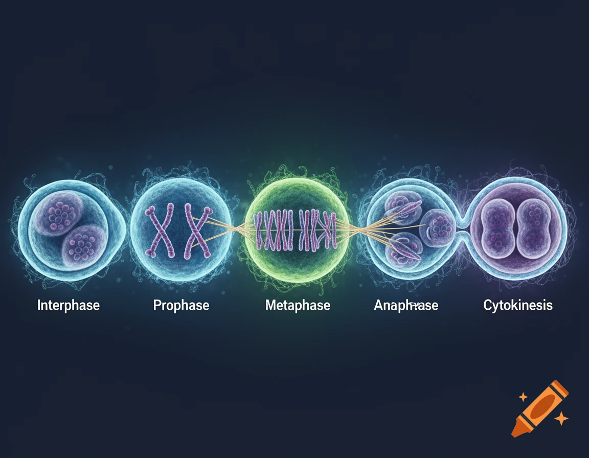 A scientific diagram illustrating five stages of cell mitosis: Interphase, Prophase, Metaphase, Anaphase, and Cytokinesis.