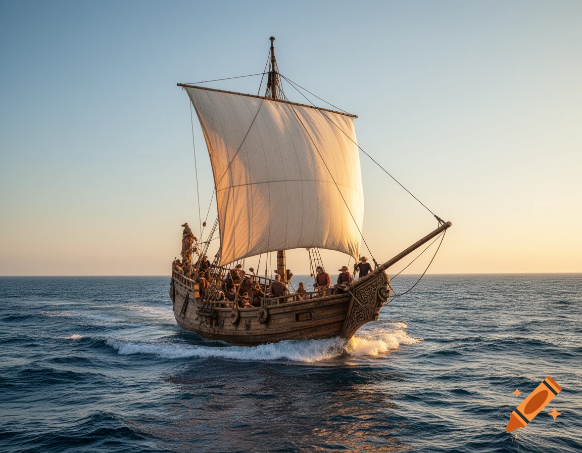 A medieval sailing ship with a large white sail moves across calm blue water under a clear, bright sky at sunset, carrying many people.