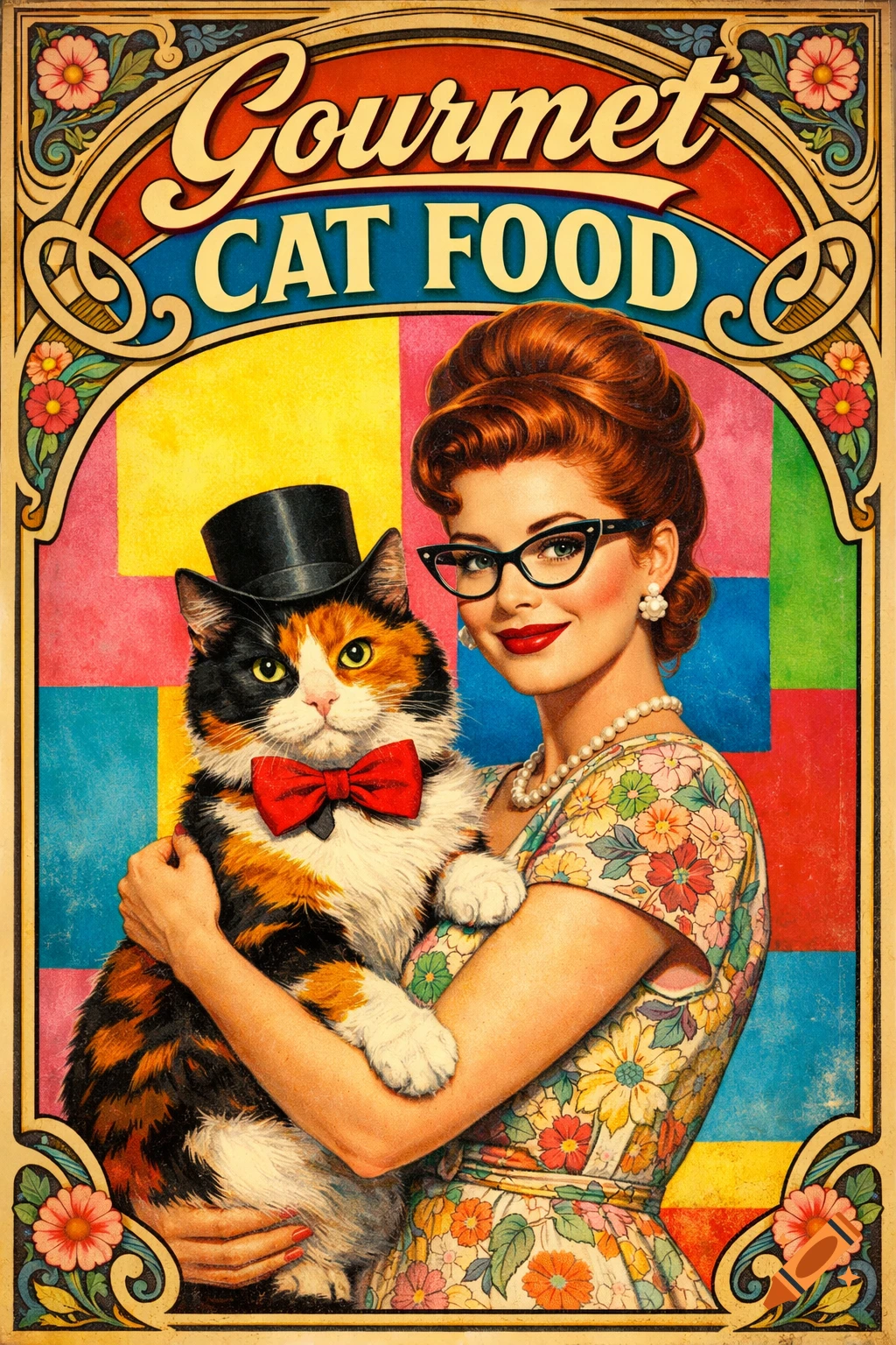 A vintage advertising poster features a 1950s-style woman holding a calico cat in a top hat and bow tie, with text 'Gourmet Cat Food'.