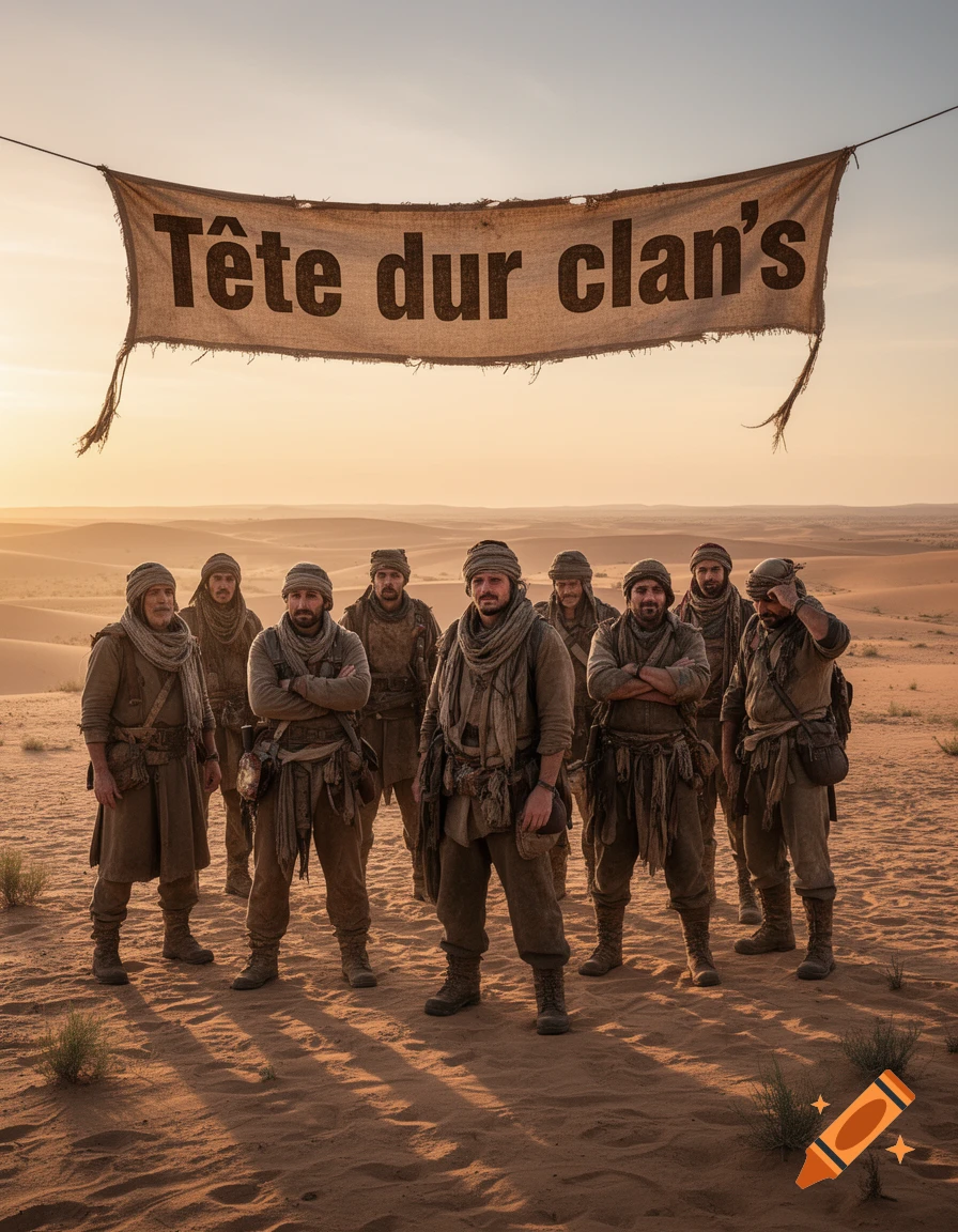 A group of men in desert attire stand beneath a banner reading 'Tête dur clan's' in a vast desert landscape at sunset, in a photorealistic style.