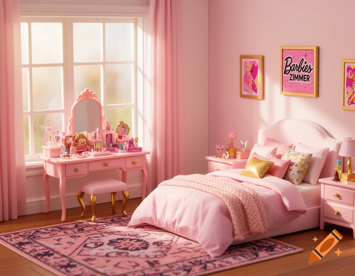 A pink Barbie-themed bedroom with a bed, vanity, and rug, featuring framed pictures on the wall. Photorealistic style.