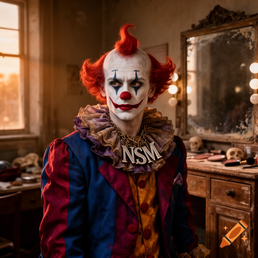 A creepy clown with red hair and white face paint wears a multi-colored ruffled costume and an 'NSM' necklace in a dimly lit dressing room.