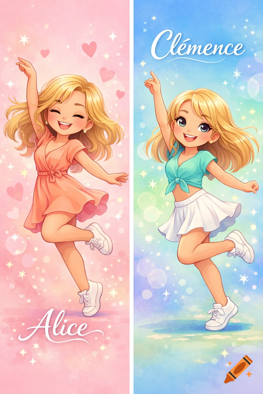Two cute blonde cartoon girls, Alice and Clémence, dancing joyfully on pastel pink and blue backgrounds with stars and hearts.
