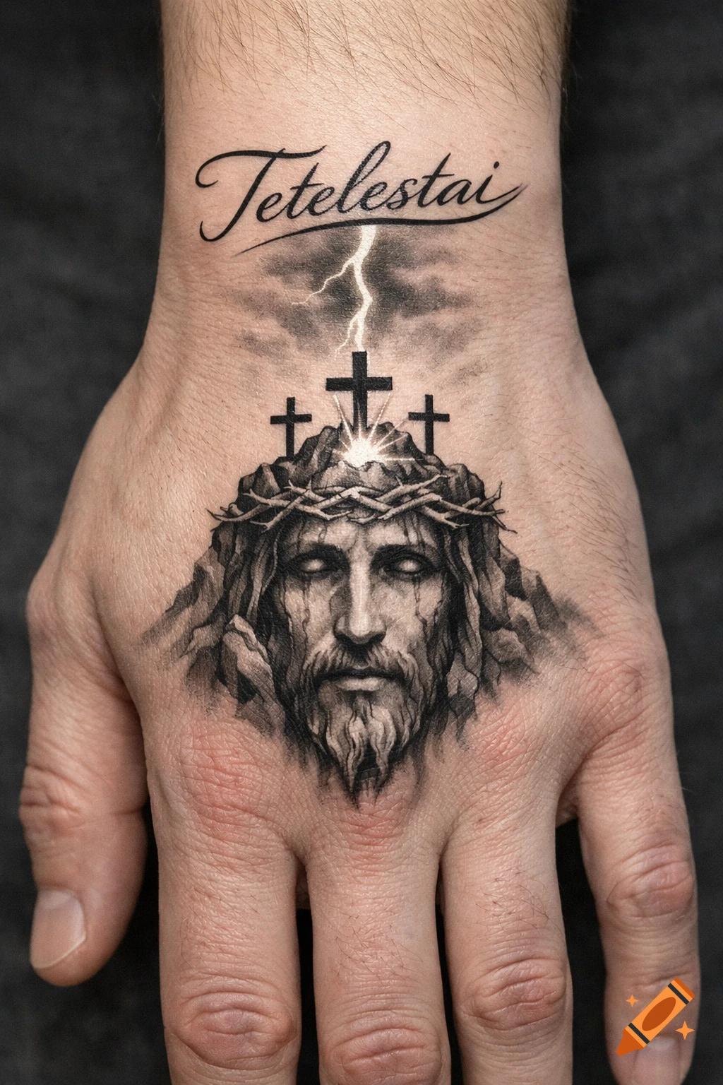 A realistic black and grey tattoo on a hand featuring Jesus's face with a crown of thorns, three crosses on a mountain, a lightning bolt, and the word 'Tetelestai' written above.