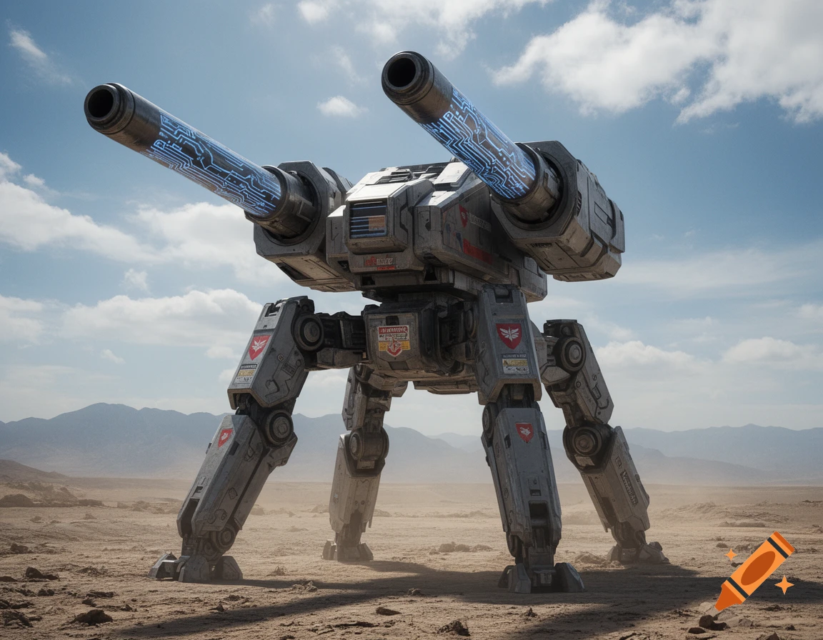 A gigantic six-legged artillery mech with two large glowing cannons stands in a vast, dry desert landscape under a partly cloudy sky, with mountains in the distance.