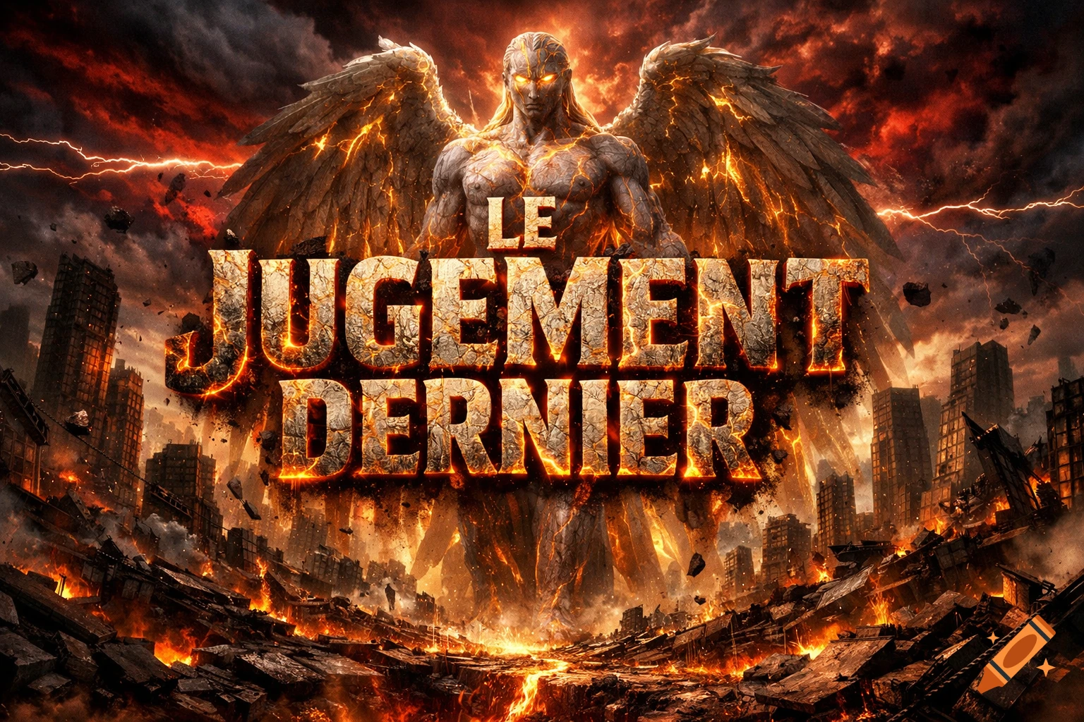 A dramatic movie poster featuring a colossal, glowing winged entity towering over a destroyed city, with the fiery text 'LE JUGEMENT DERNIER'.