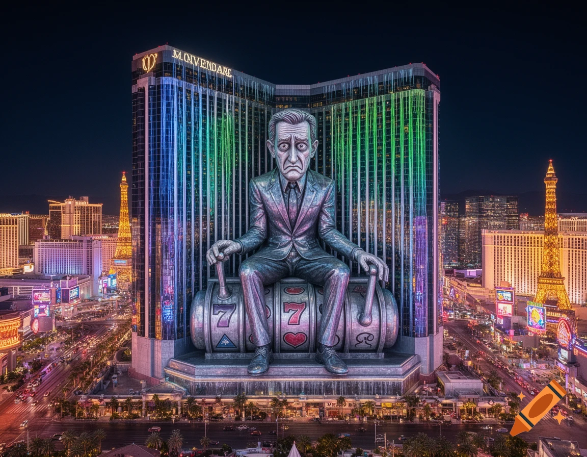 Photorealistic image of a giant, sad man statue on a slot machine, integrated into a colorful Las Vegas hotel building at night.
