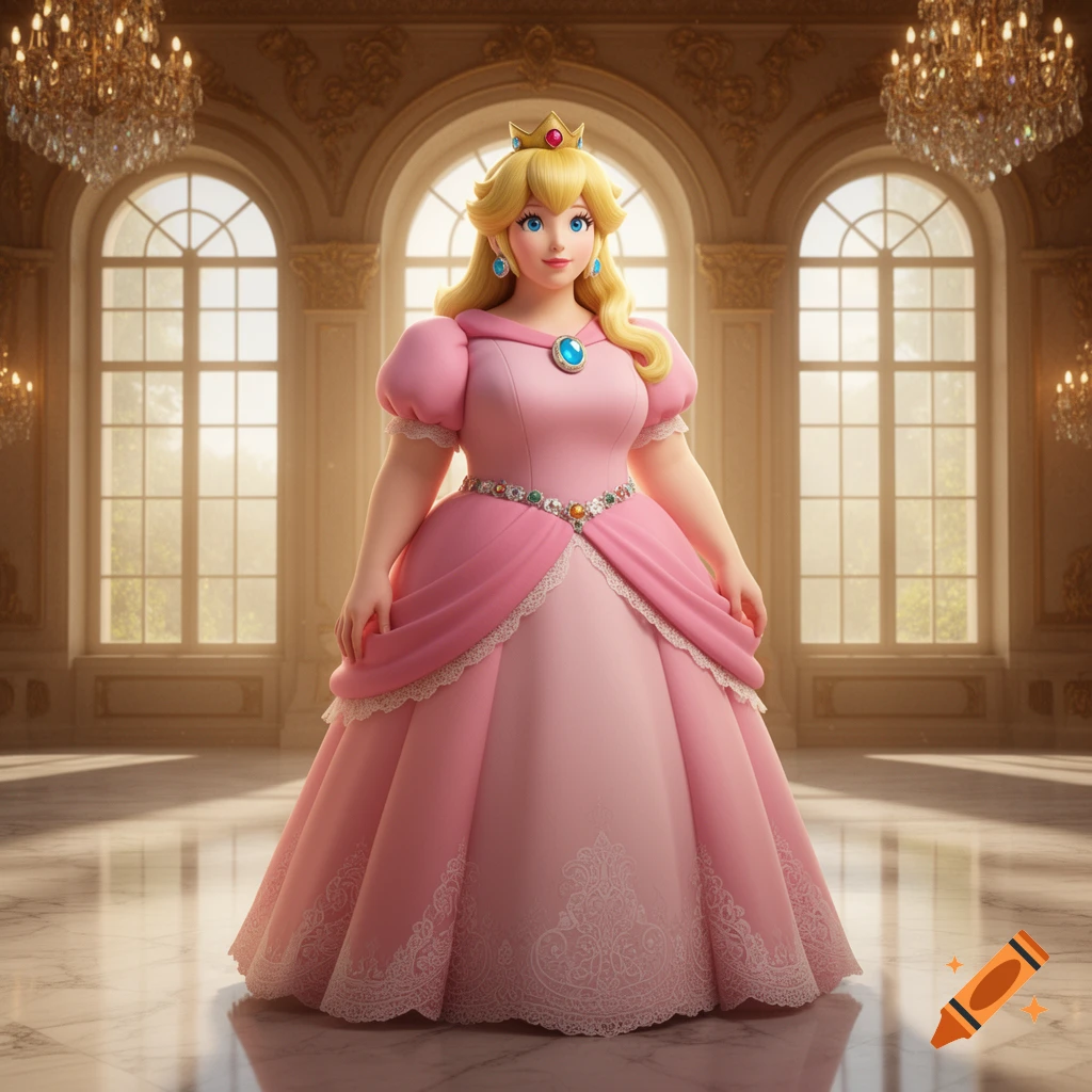 3D render of a full-figured Princess Peach in a pink gown, standing in a grand ballroom.