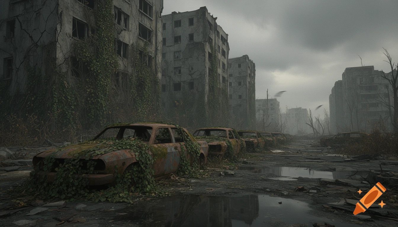 A desolate, dark post-apocalyptic urban street with rusted cars overgrown with vines, flanked by decaying, vine-covered buildings under a cloudy sky.