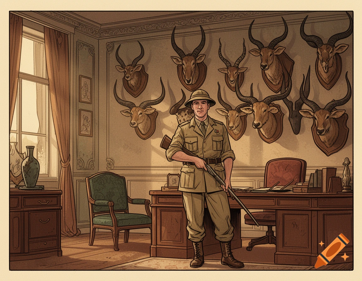 A man in a safari outfit holding a rifle stands in a vintage-style study with mounted animal heads on the wall, comic art.