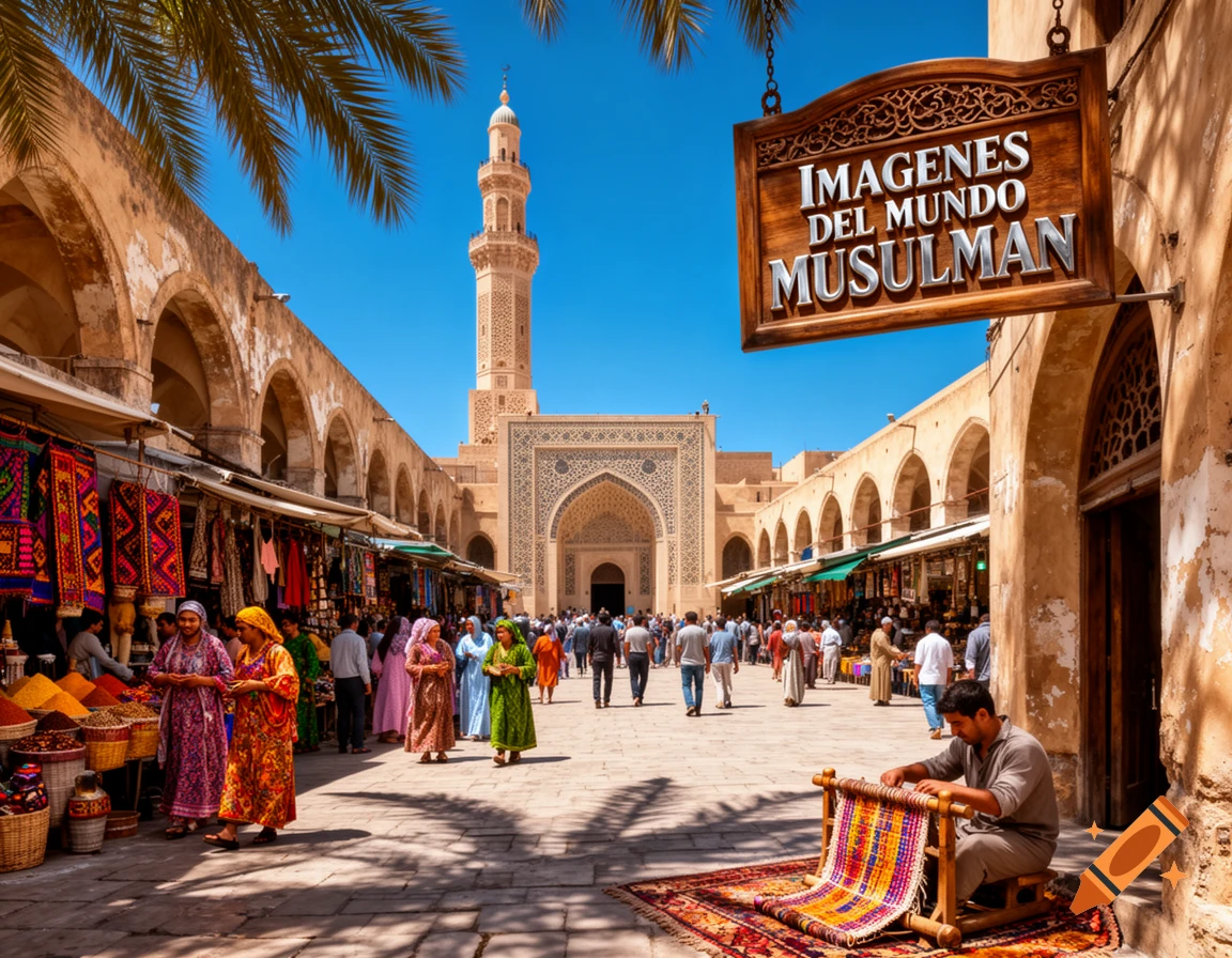 Photorealistic bustling marketplace with a mosque, minaret, arched buildings, shoppers, and a man weaving a colorful rug.