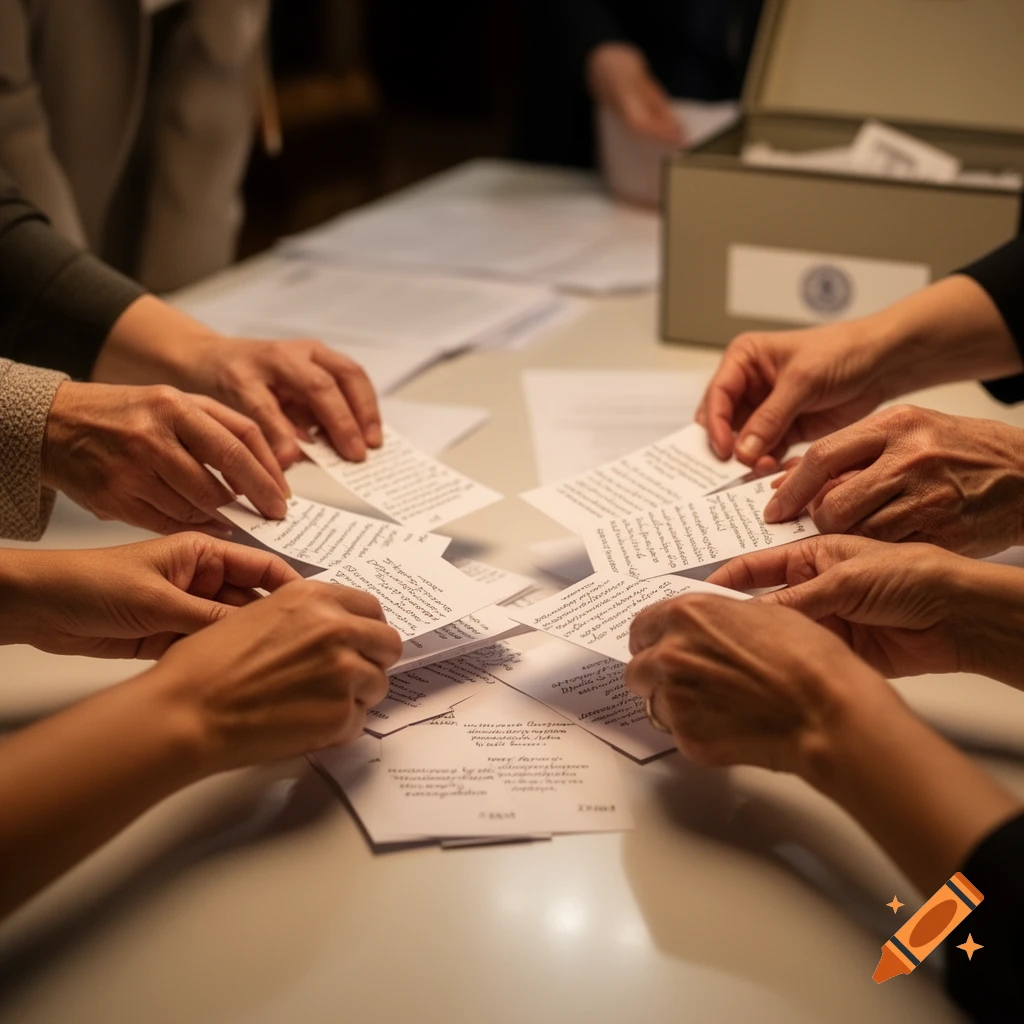 Multiple women's hands sorting small papers on a table, with more documents and an archive box in the background, photorealistic.