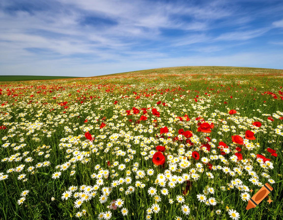 A vibrant field of white daisies and red poppies under a bright blue ...