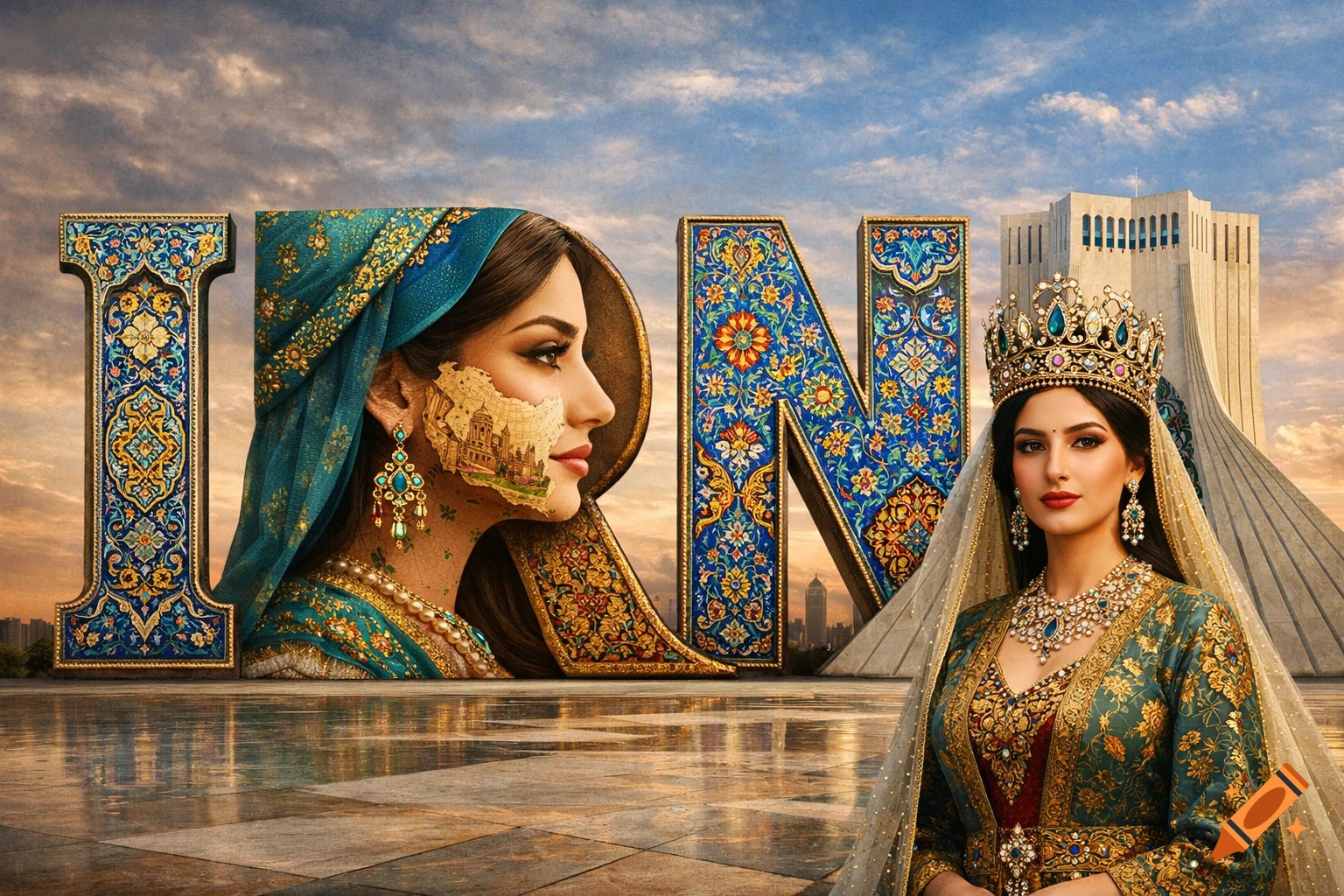 Stylized IRAN word; letter R contains a woman's profile with a map of Iran on her face; letter A is Azadi Tower with a crowned woman in traditional dress.