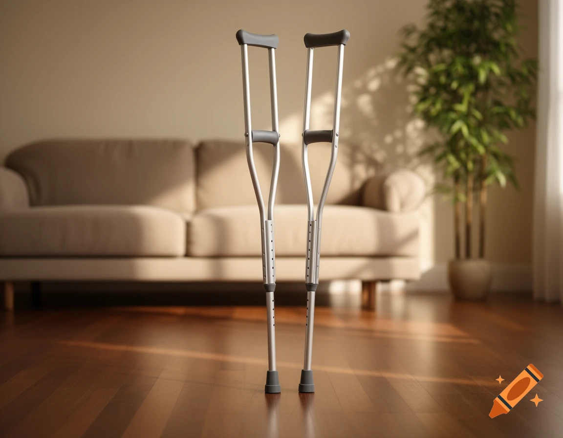 A pair of silver crutches stands on a wooden floor in a sunlit living room with a beige sofa and a plant in the background.